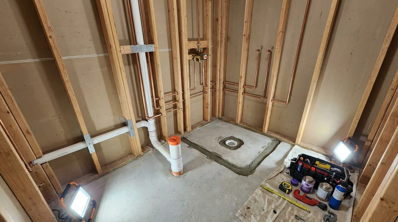Bathroom rough-in plumbing during remodel by Johns Plumbing LLC in Warrensburg