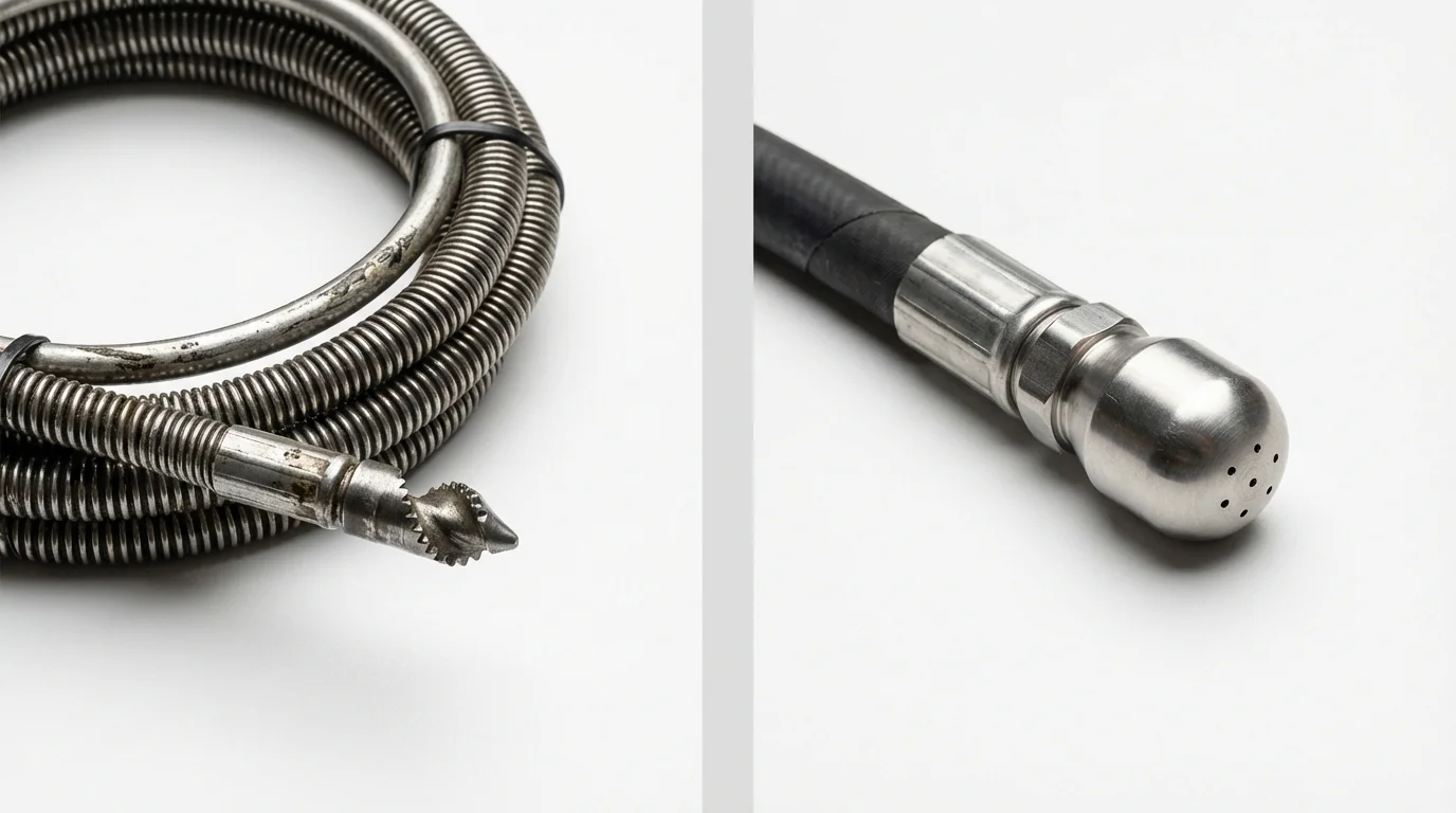Drain snake cable and hydro jetting nozzle used for drain cleaning in Warrensburg, IL