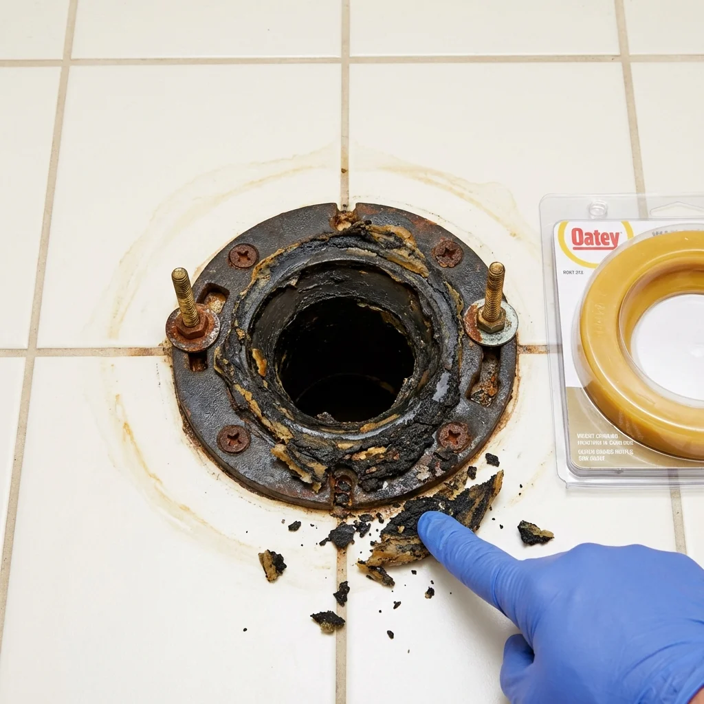 Failed wax ring showing water seepage at the base of a toilet in a Warrensburg, IL home