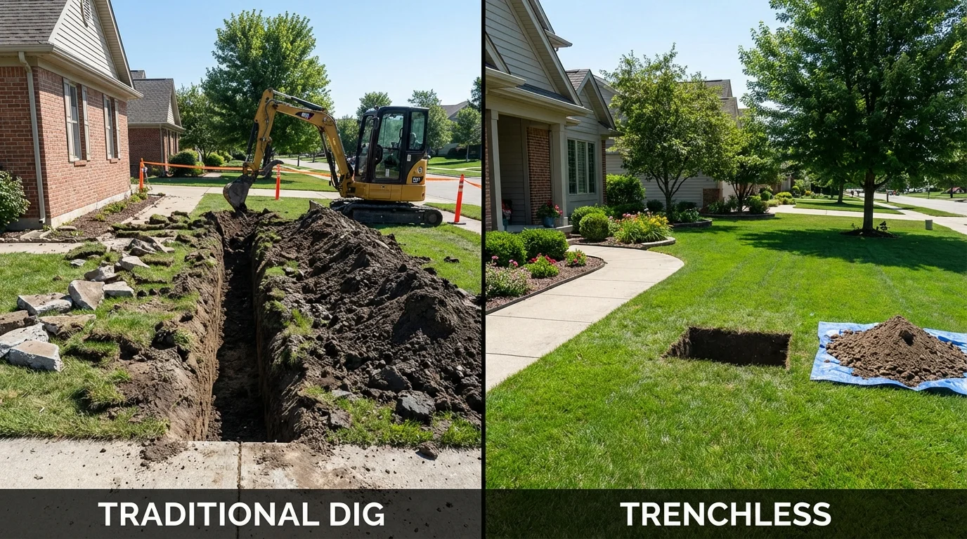Trenchless sewer repair with minimal yard damage versus traditional excavation in Warrensburg, IL