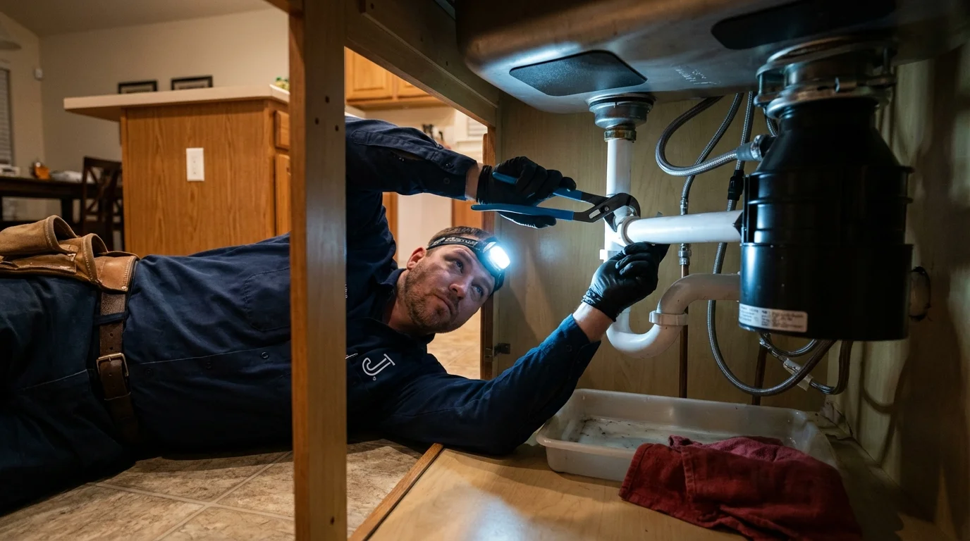 P-trap and supply line connections under a kitchen sink showing a common leak point in Warrensburg, IL